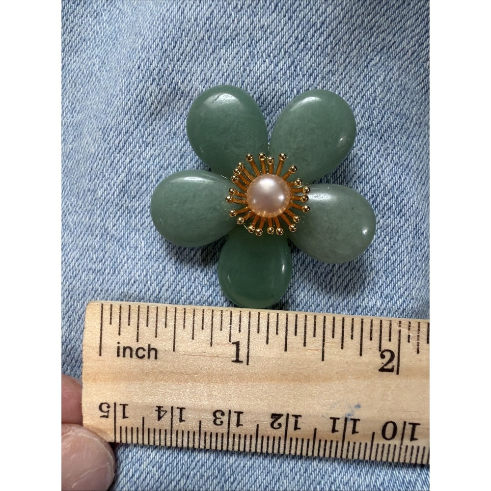 Jade Flower Brooch Pin Faux Pearl‎ Gold Tone - Picture 3 of 3